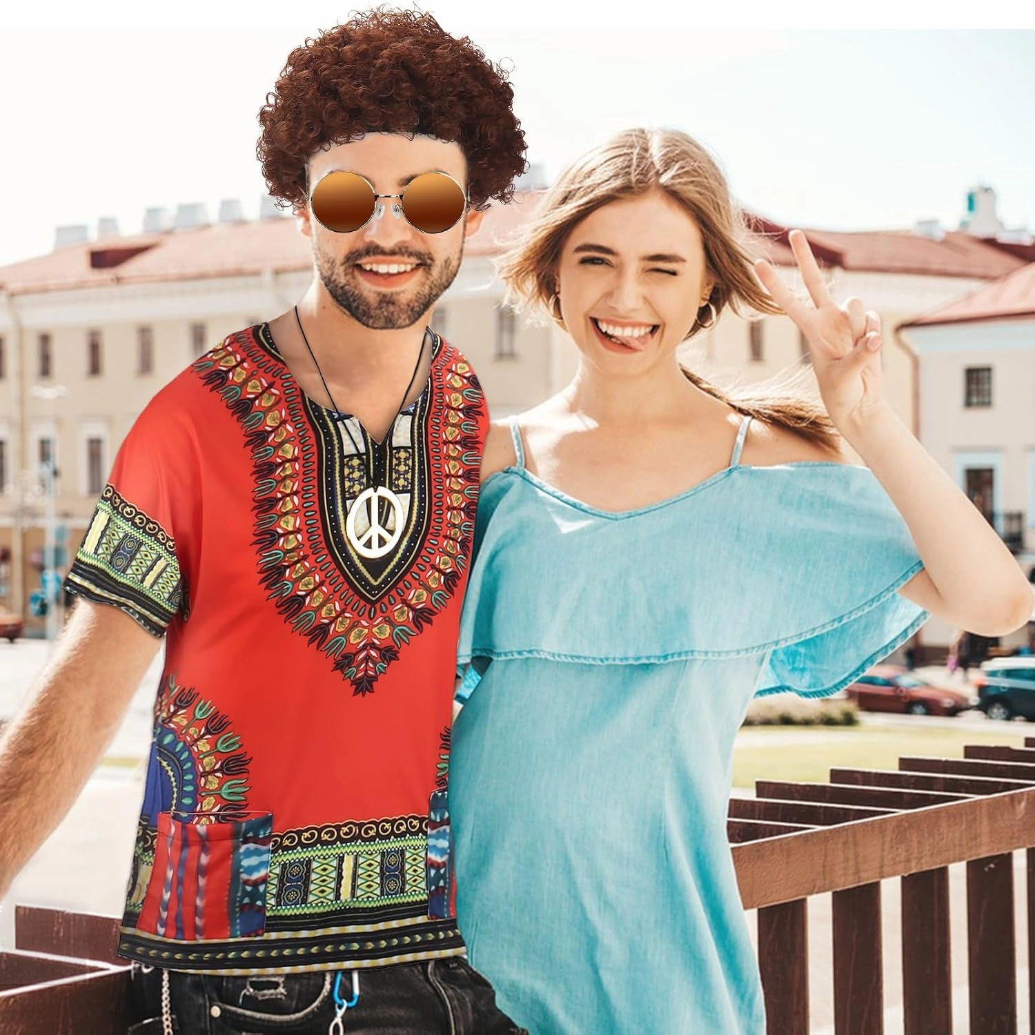 Ultrafun Hippie Costume for Men 60s 70s Hippie Outfits Afro T-Shirt Wig Accessories Set for Theme Parties
