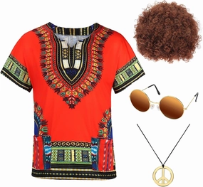 Ultrafun Hippie Costume for Men 60s 70s Hippie Outfits Afro T-Shirt Wig Accessories Set for Theme Parties