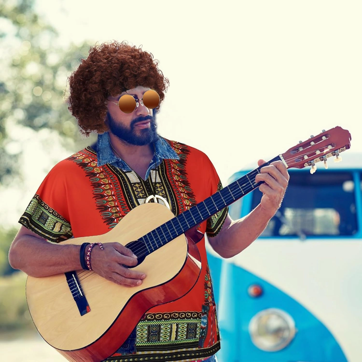 Ultrafun Hippie Costume for Men 60s 70s Hippie Outfits Afro T-Shirt Wig Accessories Set for Theme Parties
