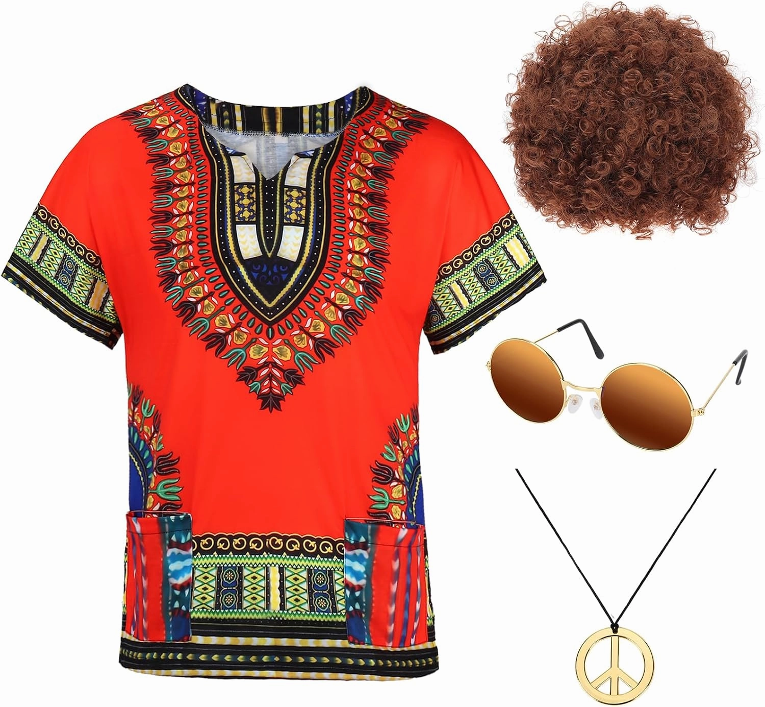 Ultrafun Hippie Costume for Men 60s 70s Hippie Outfits Afro T-Shirt Wig Accessories Set for Theme Parties