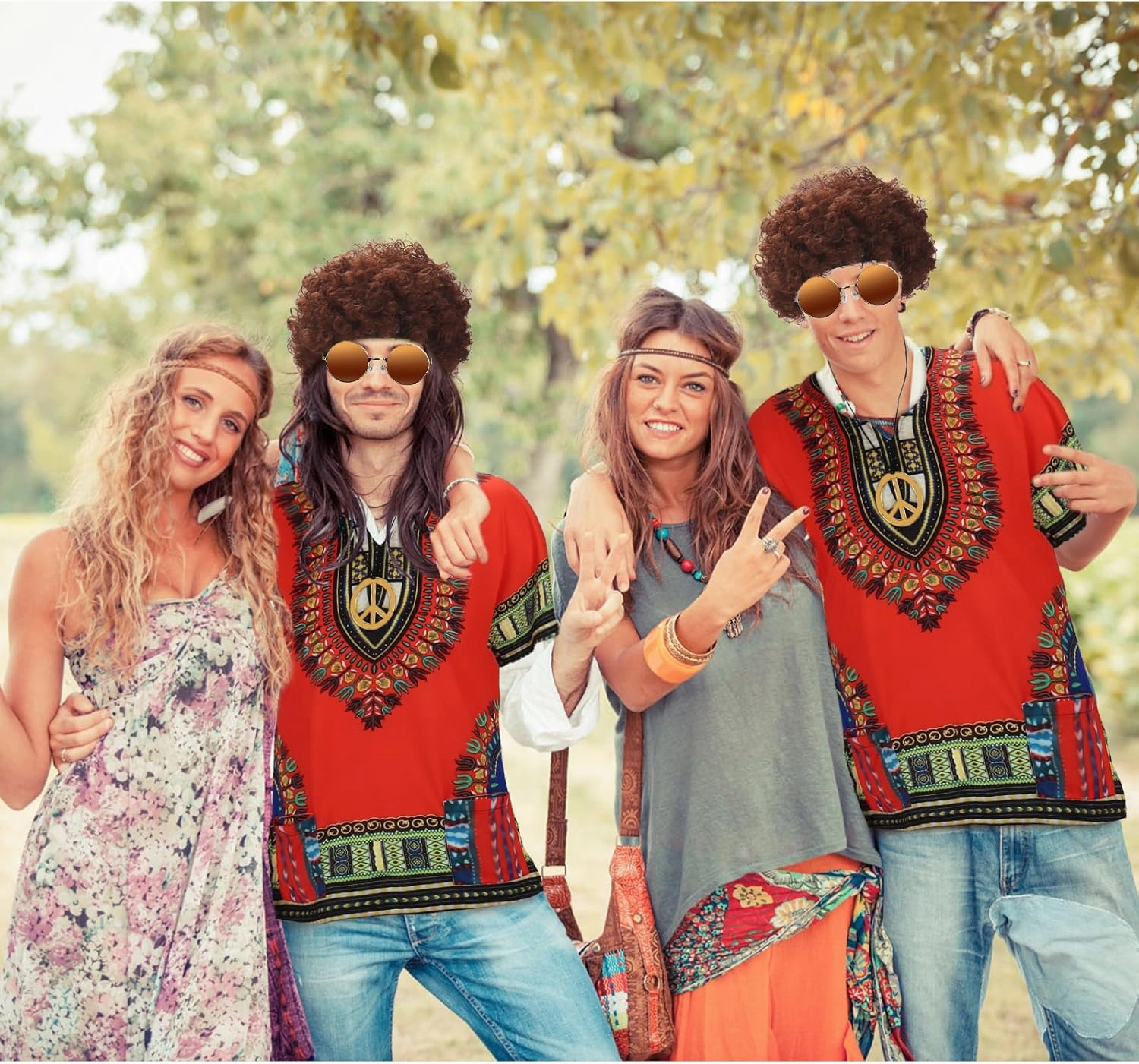 Ultrafun Hippie Costume for Men 60s 70s Hippie Outfits Afro T-Shirt Wig Accessories Set for Theme Parties