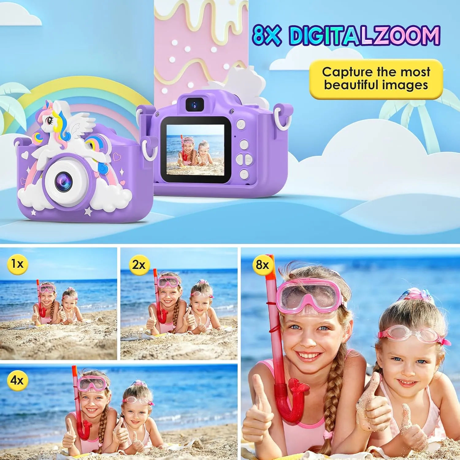 Unicorn Camera for Girls Boys with Cartoon Silicone Cover, Digital Mini Toddler Camera Toys for 3 4 5 6 7 8 9 10 11 12 Year Old Kids Birthday Chirstmas Gifts - Personal Video Players (Unicorn Purple)