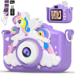 Unicorn Camera for Girls Boys with Cartoon Silicone Cover, Digital Mini Toddler Camera Toys for 3 4 5 6 7 8 9 10 11 12 Year Old Kids Birthday Chirstmas Gifts - Personal Video Players (Unicorn Purple)
