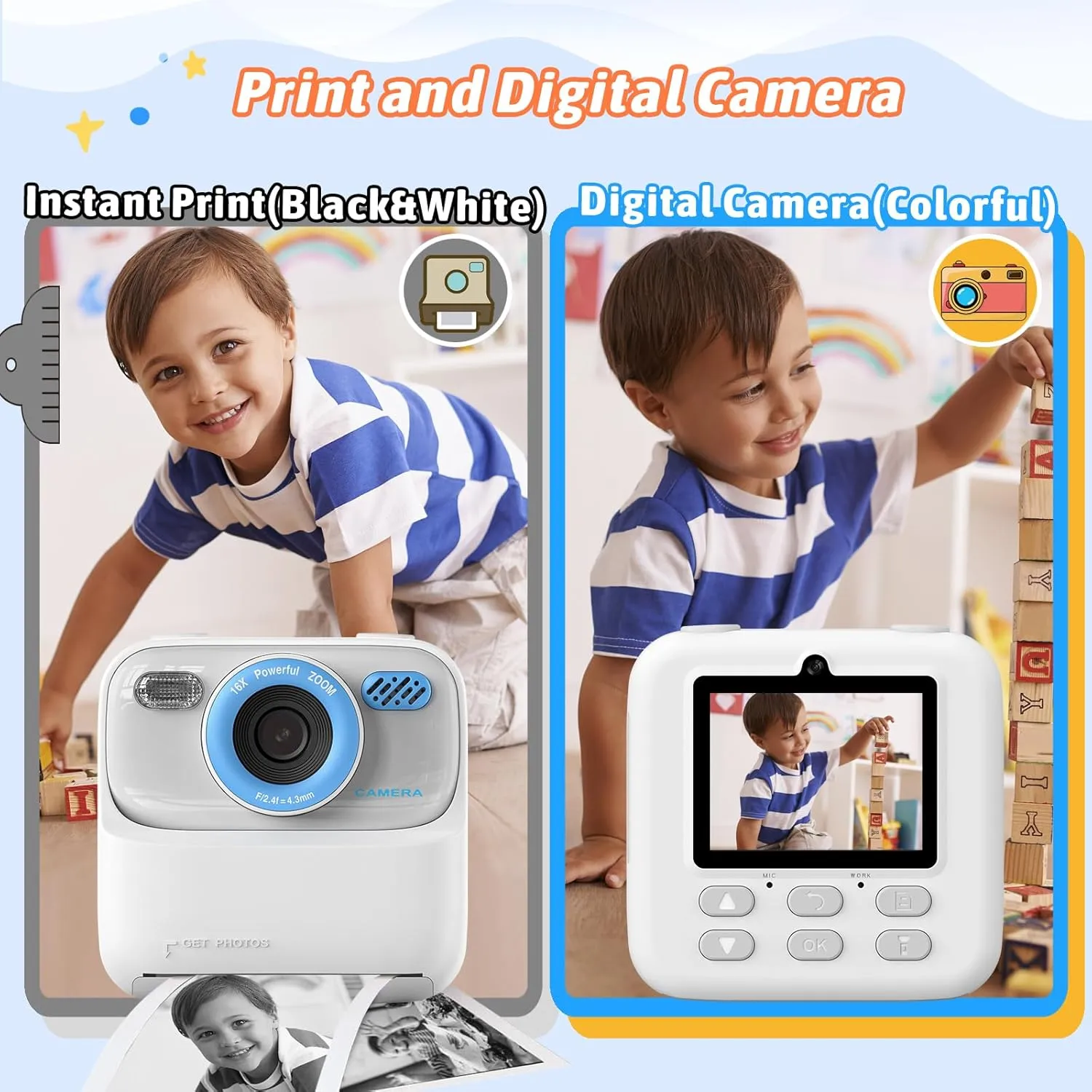 Upgrade Kids Camera Instant Print for Boys and Girls, 1080P HD Dual-Lens Selfie Digital Camera with Print Paper & 32G Card, Christmas Birthday Gifts Toys for Toddler and Teenagers Age 3-16 Years Old