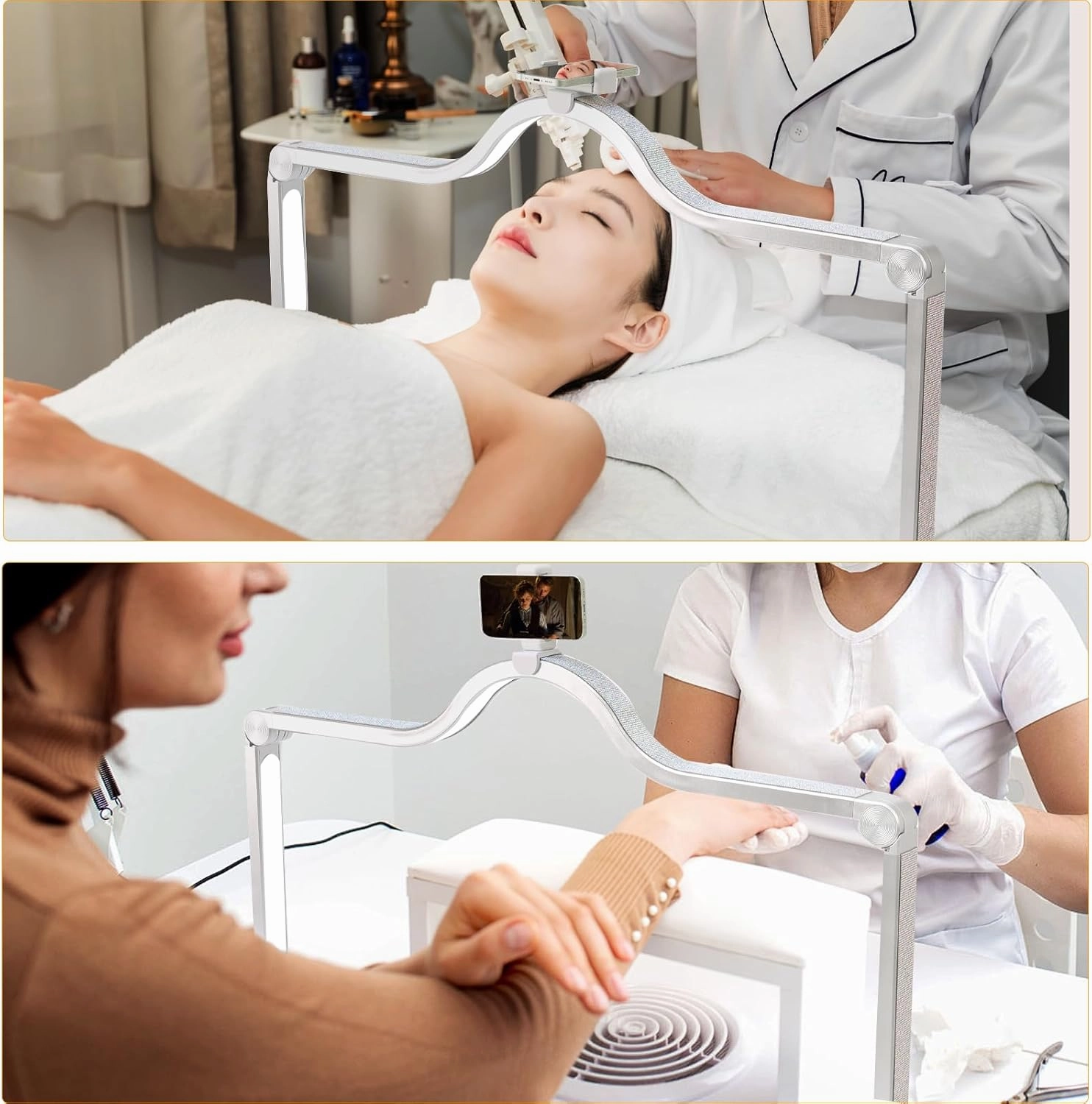 Upgraded Nail Tech Lamp for Desk, 34 IN Foldable Large Nail Light with Phone Holder, 3 Modes 3000K-6000K LED Manicure Lamp, Half Moon Light for Lash Eyelash Extension, Tattoo, Eyebrows(Silver)
