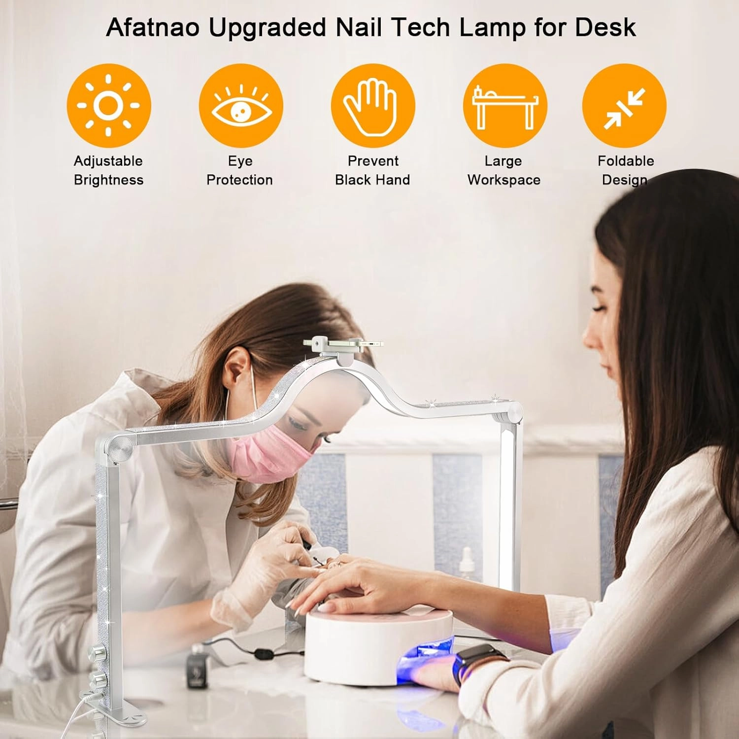 Upgraded Nail Tech Lamp for Desk, 34 IN Foldable Large Nail Light with Phone Holder, 3 Modes 3000K-6000K LED Manicure Lamp, Half Moon Light for Lash Eyelash Extension, Tattoo, Eyebrows(Silver)