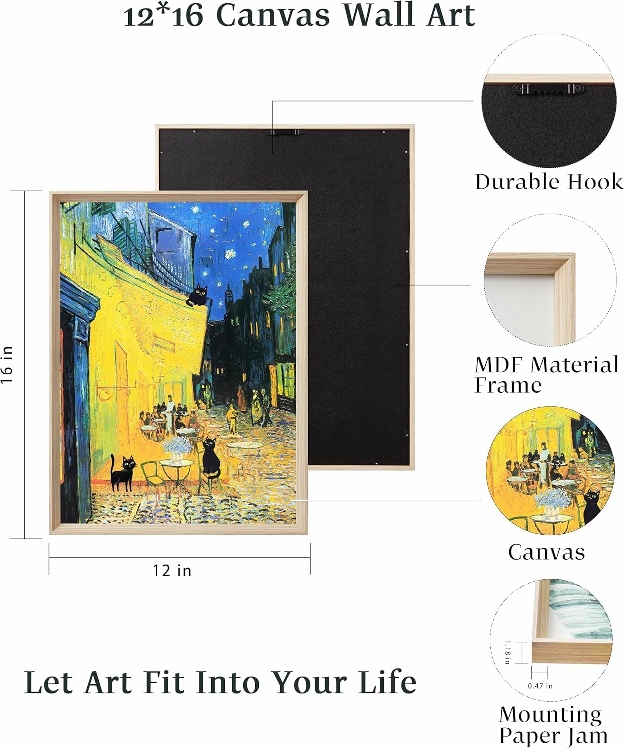 UPWOIGH 12"x16" Wood Framed Wall Art – Funny Black Cats Canvas Wall Decor, Set of 3, Henri Matisse and Van Gogh Prints Poster, High-Frame Process, Cute Animal Pictures for Living Room, Bathroom, Gifts