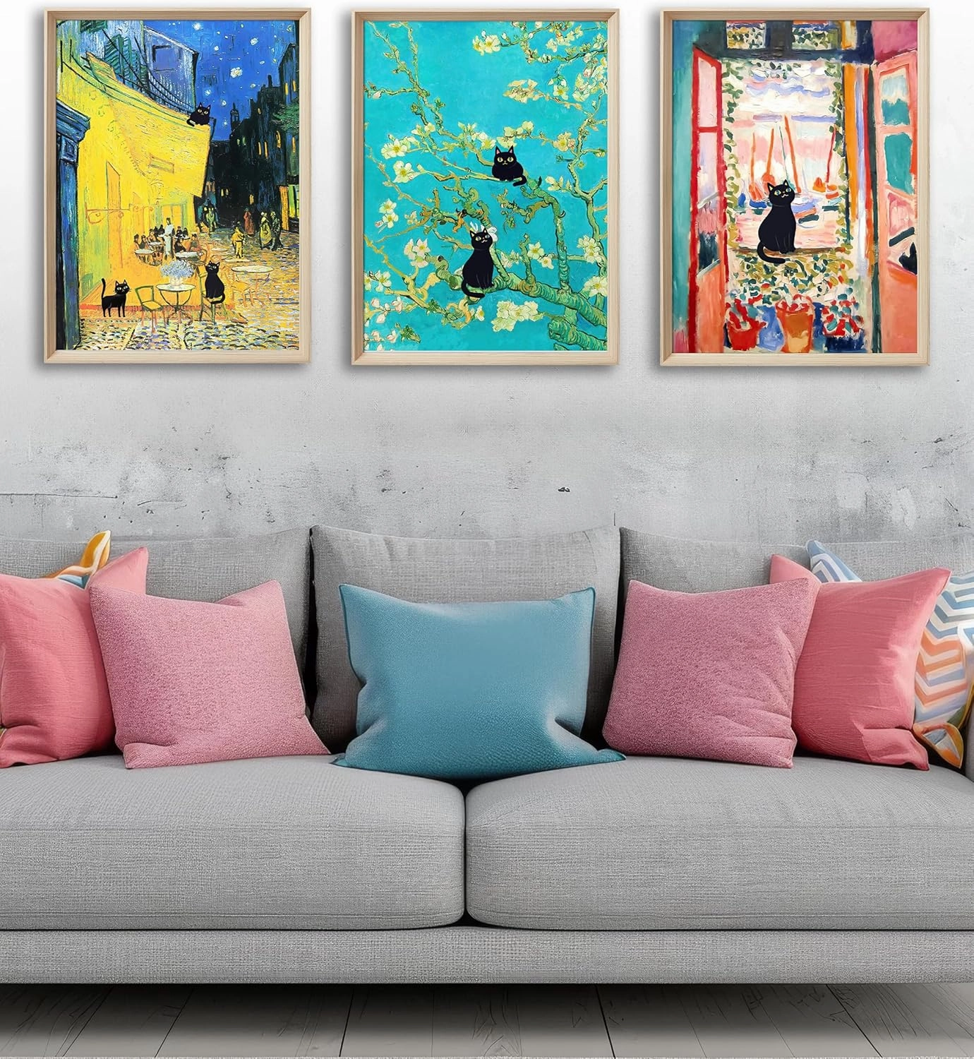 UPWOIGH 12"x16" Wood Framed Wall Art – Funny Black Cats Canvas Wall Decor, Set of 3, Henri Matisse and Van Gogh Prints Poster, High-Frame Process, Cute Animal Pictures for Living Room, Bathroom, Gifts