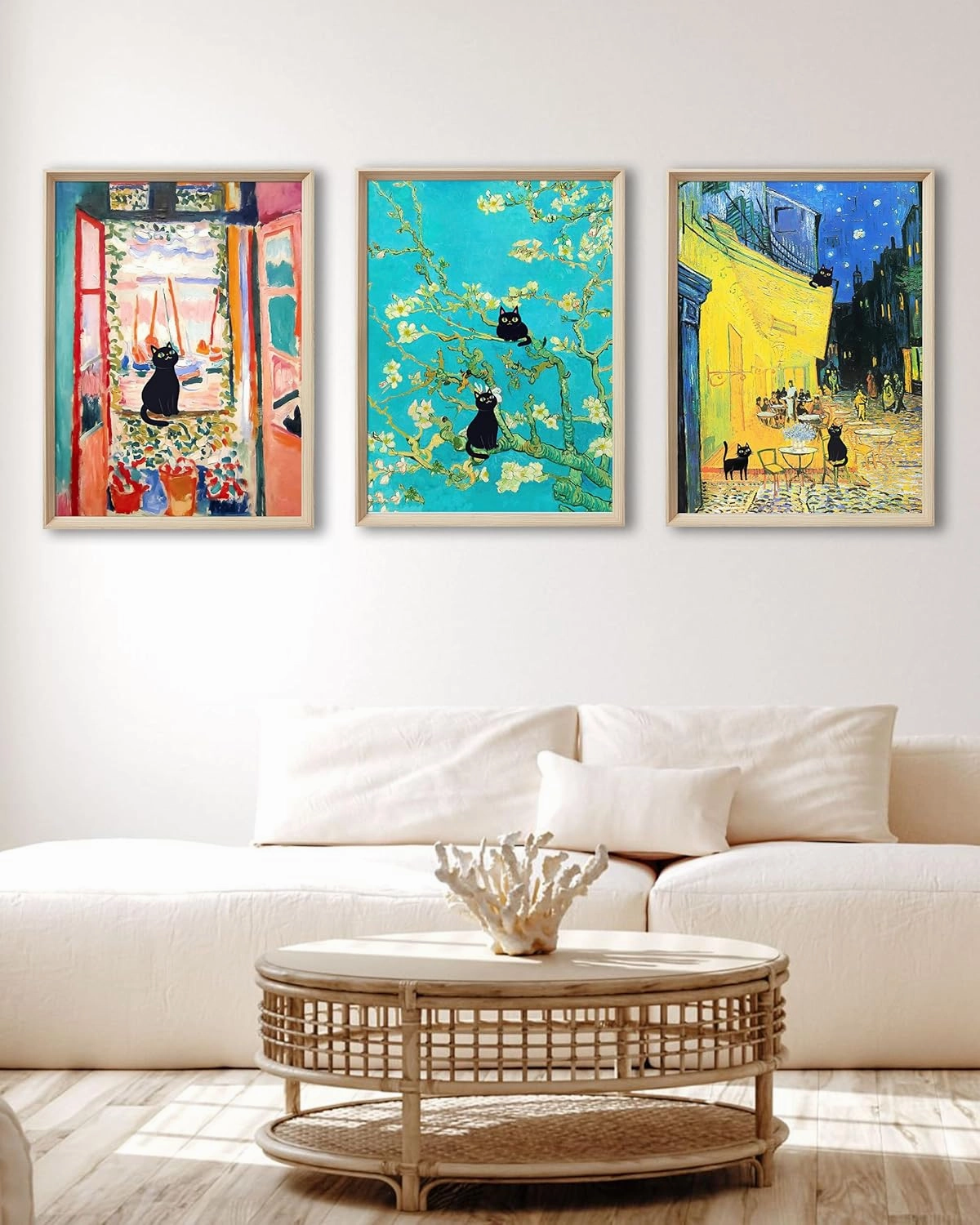 UPWOIGH 12"x16" Wood Framed Wall Art – Funny Black Cats Canvas Wall Decor, Set of 3, Henri Matisse and Van Gogh Prints Poster, High-Frame Process, Cute Animal Pictures for Living Room, Bathroom, Gifts