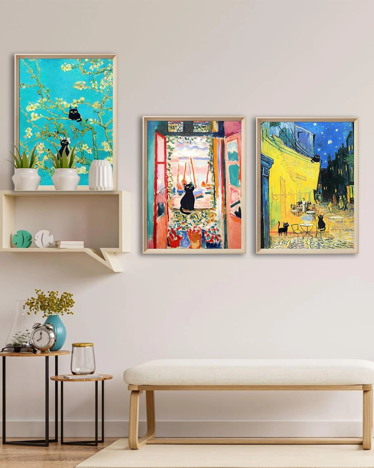 UPWOIGH 12"x16" Wood Framed Wall Art – Funny Black Cats Canvas Wall Decor, Set of 3, Henri Matisse and Van Gogh Prints Poster, High-Frame Process, Cute Animal Pictures for Living Room, Bathroom, Gifts