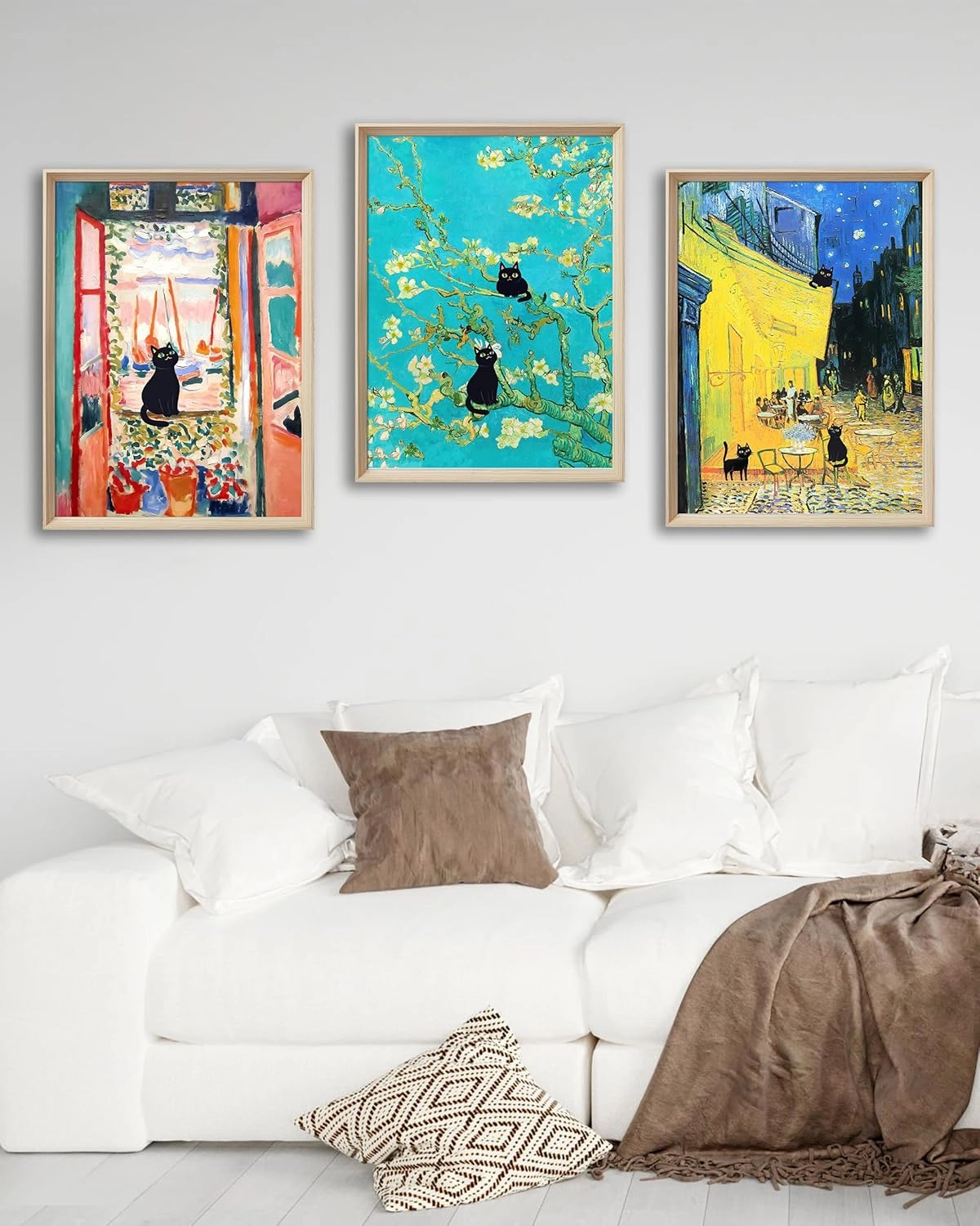 UPWOIGH 12"x16" Wood Framed Wall Art – Funny Black Cats Canvas Wall Decor, Set of 3, Henri Matisse and Van Gogh Prints Poster, High-Frame Process, Cute Animal Pictures for Living Room, Bathroom, Gifts