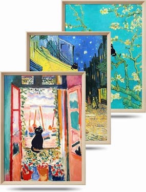 UPWOIGH 12"x16" Wood Framed Wall Art – Funny Black Cats Canvas Wall Decor, Set of 3, Henri Matisse and Van Gogh Prints Poster, High-Frame Process, Cute Animal Pictures for Living Room, Bathroom, Gifts
