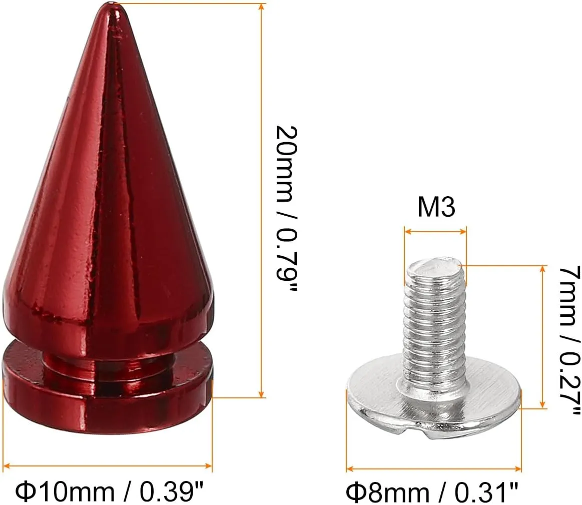 uxcell 16Pcs Cone Spike Stud Rivet, 10x20mm Screw Back Tree Studs and Spikes for Leather Craft, Clothing, Shoes, Belts, Bags (Bright Red)