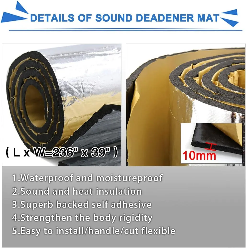uxcell 394mil/10mm 64.5sqft Sound Deadening Heat Deadener Insulation Mat Intensive Alumium Foil Acoustic Barrier 236" x 39" / 600cm x 100cm