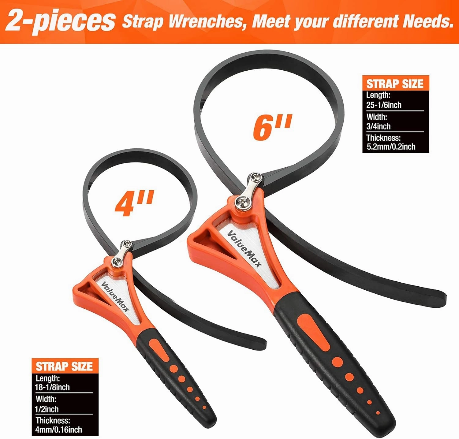 ValueMax 2-Piece Strap Adjustable Wrench Set - Max 4" (S) & 6" (L), Oil & Water Filter Wrench, Jar & Shower Head Opener