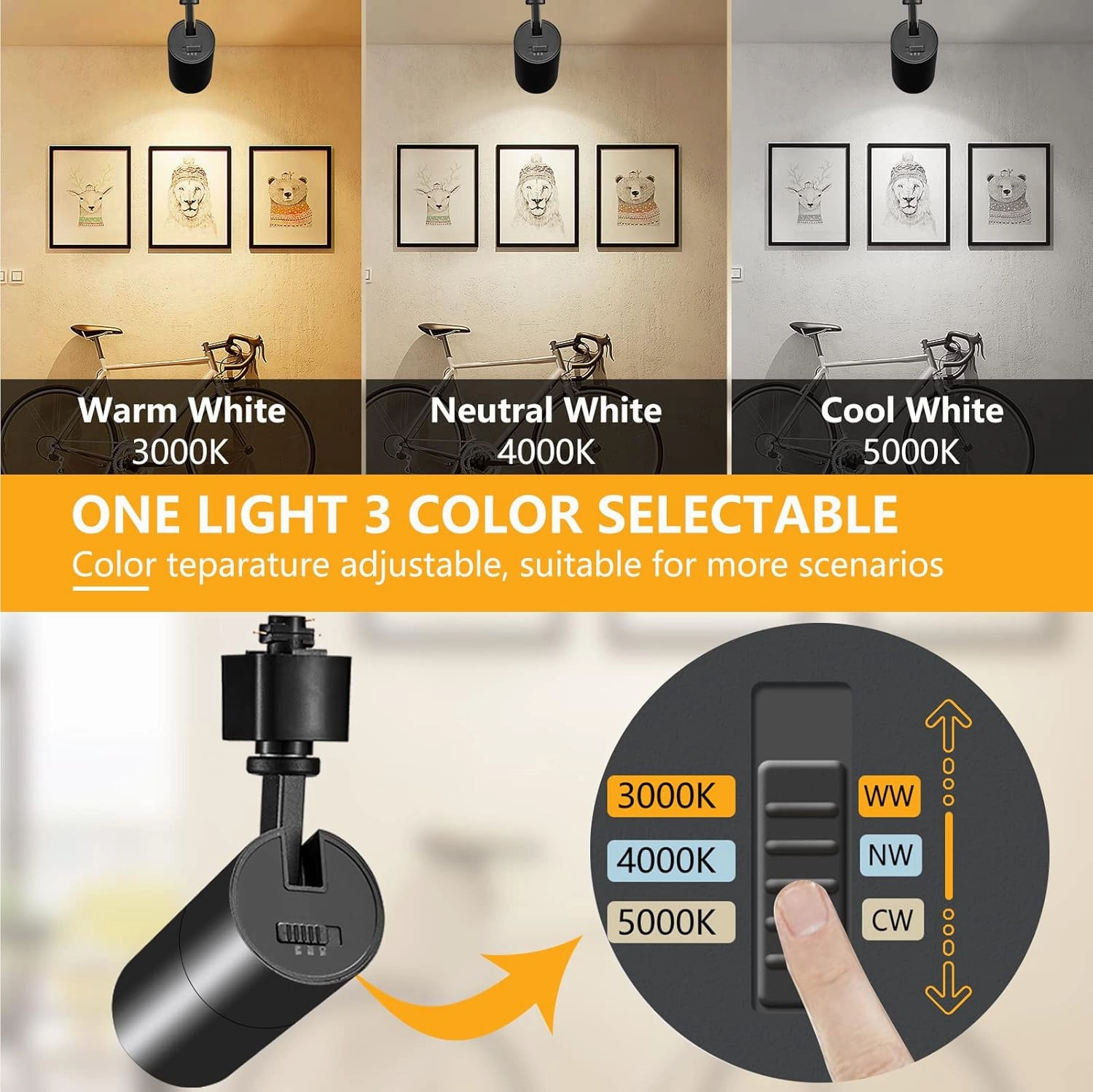 VANoopee 3-Color 10W H Track Lighting Heads Dimmable LED Track Light Heads Bright Rail Ceiling Spotlight Fixtures Accent Task, 3000K 4000K 5000K, Flicker Free CRI90  36° 1000lm, Matte Black, Pack of 8