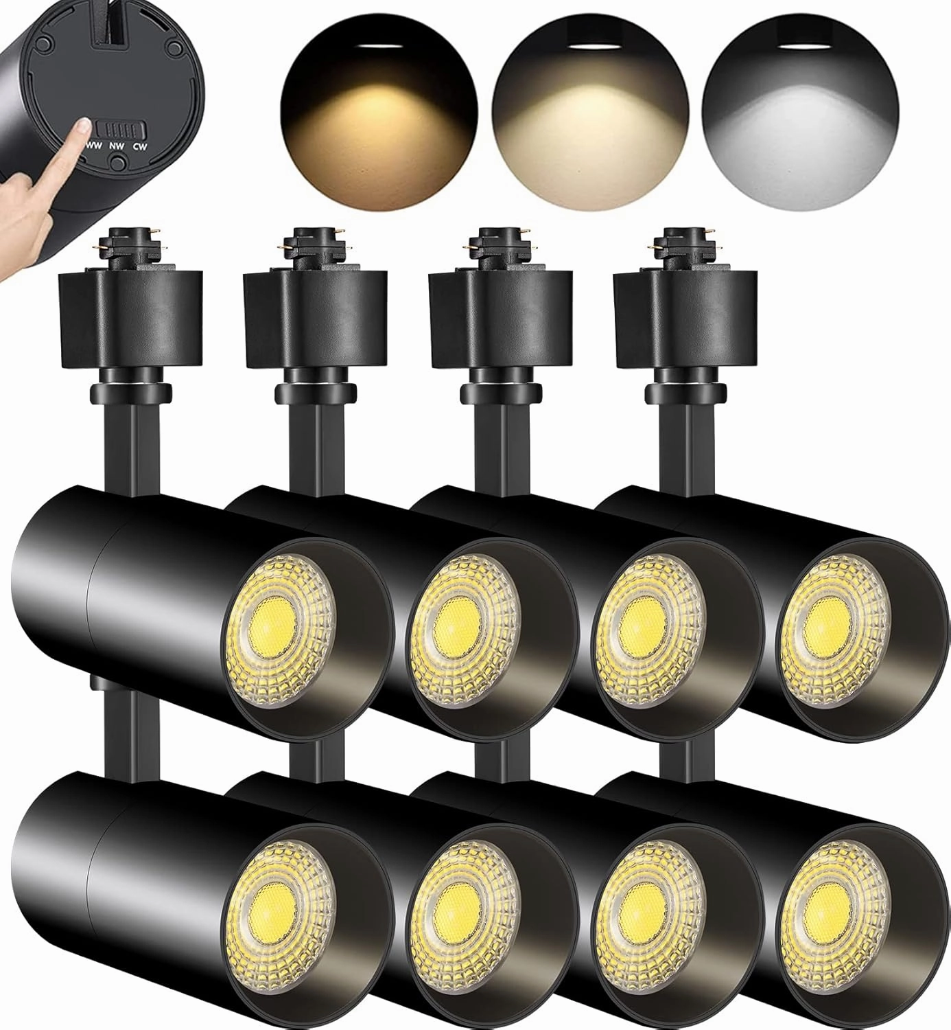 VANoopee 3-Color 10W H Track Lighting Heads Dimmable LED Track Light Heads Bright Rail Ceiling Spotlight Fixtures Accent Task, 3000K 4000K 5000K, Flicker Free CRI90  36° 1000lm, Matte Black, Pack of 8