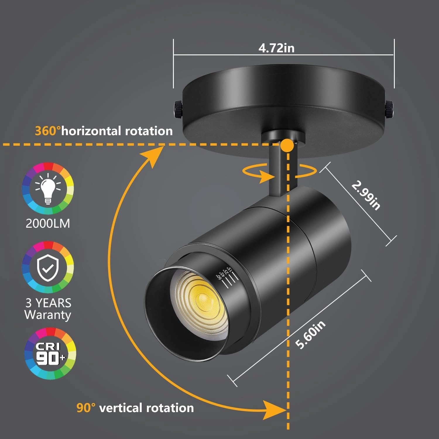 VANoopee 3-Color Zoomable LED Ceiling Spotlight Flush Mount Adjustable Spotlight Directional Dimmable Spot Lights Indoor Bright Accent Fixture for Living Room Bedroom - CRI90 15-55° 20W 2000lm Black