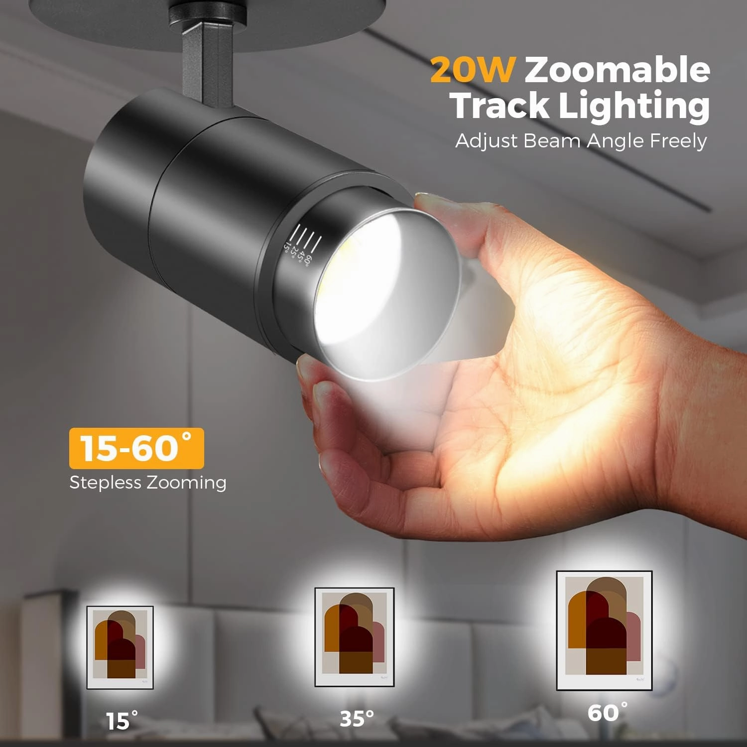 VANoopee 3-Color Zoomable LED Ceiling Spotlight Flush Mount Adjustable Spotlight Directional Dimmable Spot Lights Indoor Bright Accent Fixture for Living Room Bedroom - CRI90 15-55° 20W 2000lm Black