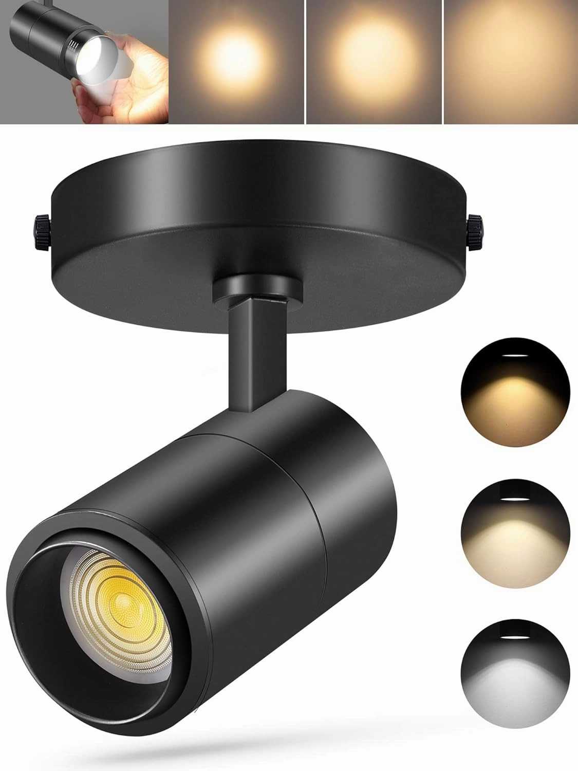 VANoopee 3-Color Zoomable LED Ceiling Spotlight Flush Mount Adjustable Spotlight Directional Dimmable Spot Lights Indoor Bright Accent Fixture for Living Room Bedroom - CRI90 15-55° 20W 2000lm Black
