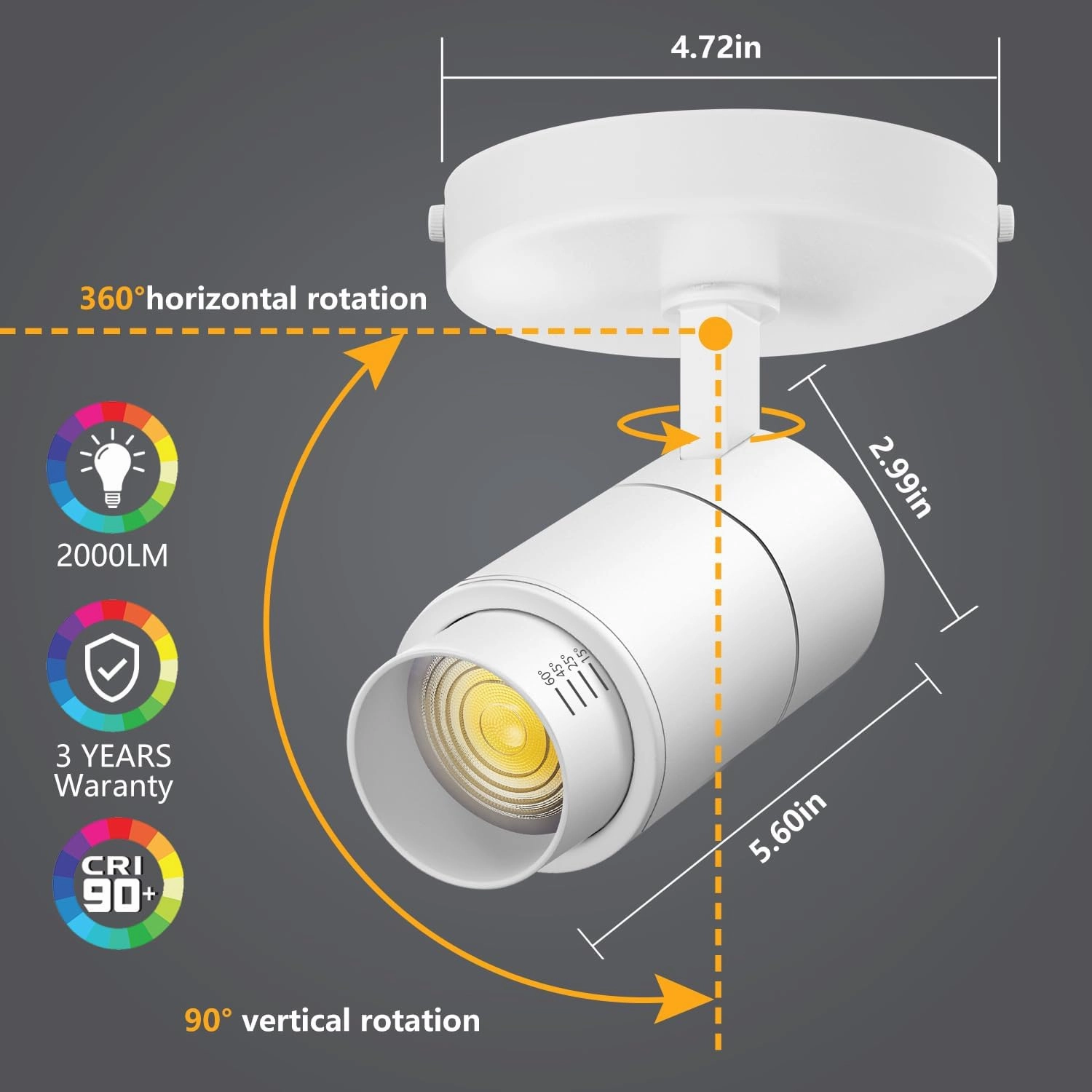 VANoopee 3-Color Zoomable LED Ceiling Spotlight Flush Mount Adjustable Spotlight Directional Dimmable Spot Lights Indoor Bright Accent Fixture for Living Room Bedroom - CRI90 15-55° 20W 2000lm White