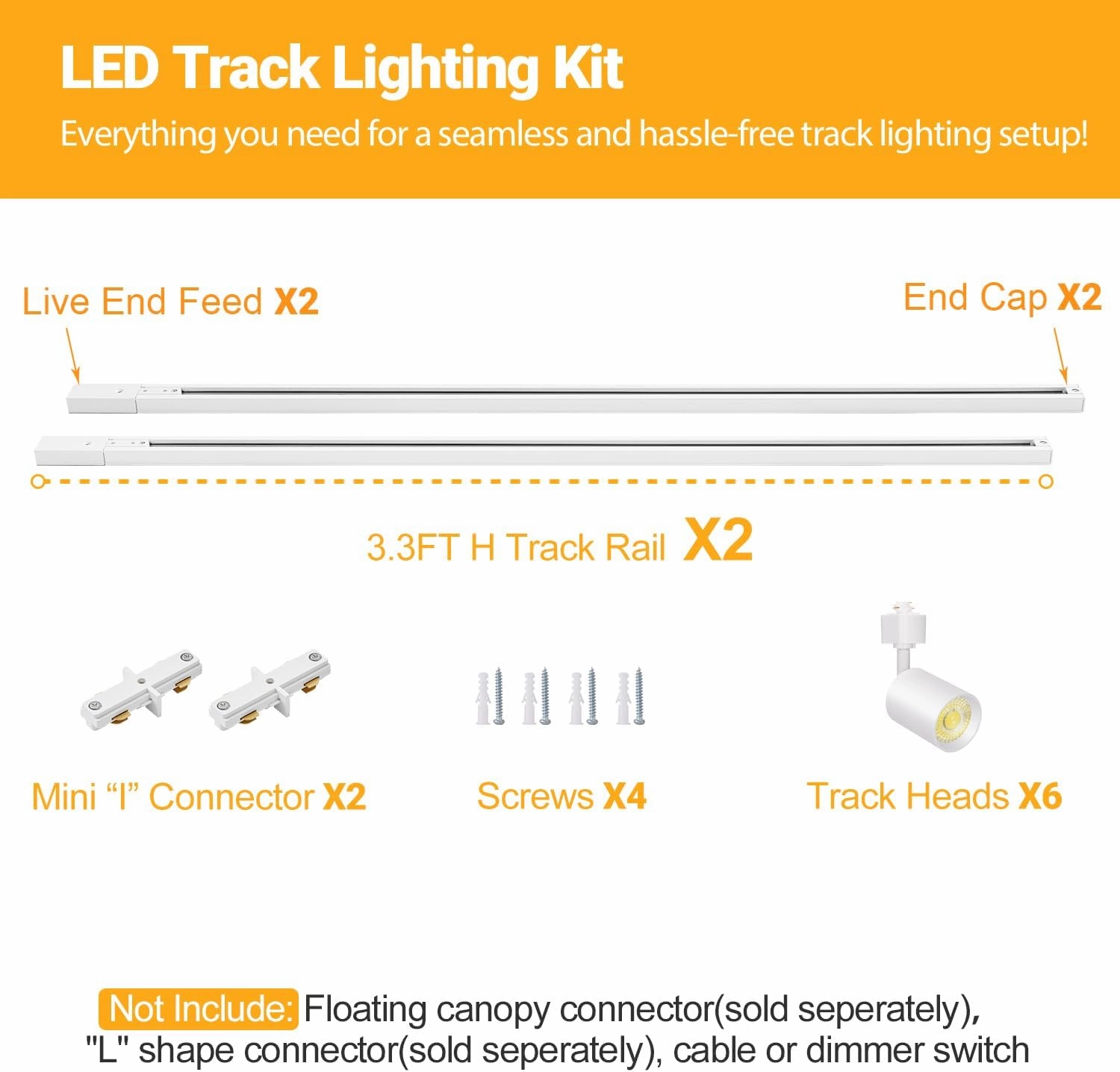 VANoopee 6-Light LED Track Lighting Kit with 6.6FT H Type Track Rails, Dimmable Track Light Heads Bright Ceiling Spotlight Fixture for Kitchen Accent Art, 3000K Warm White, No Flicker 10W 800lm White