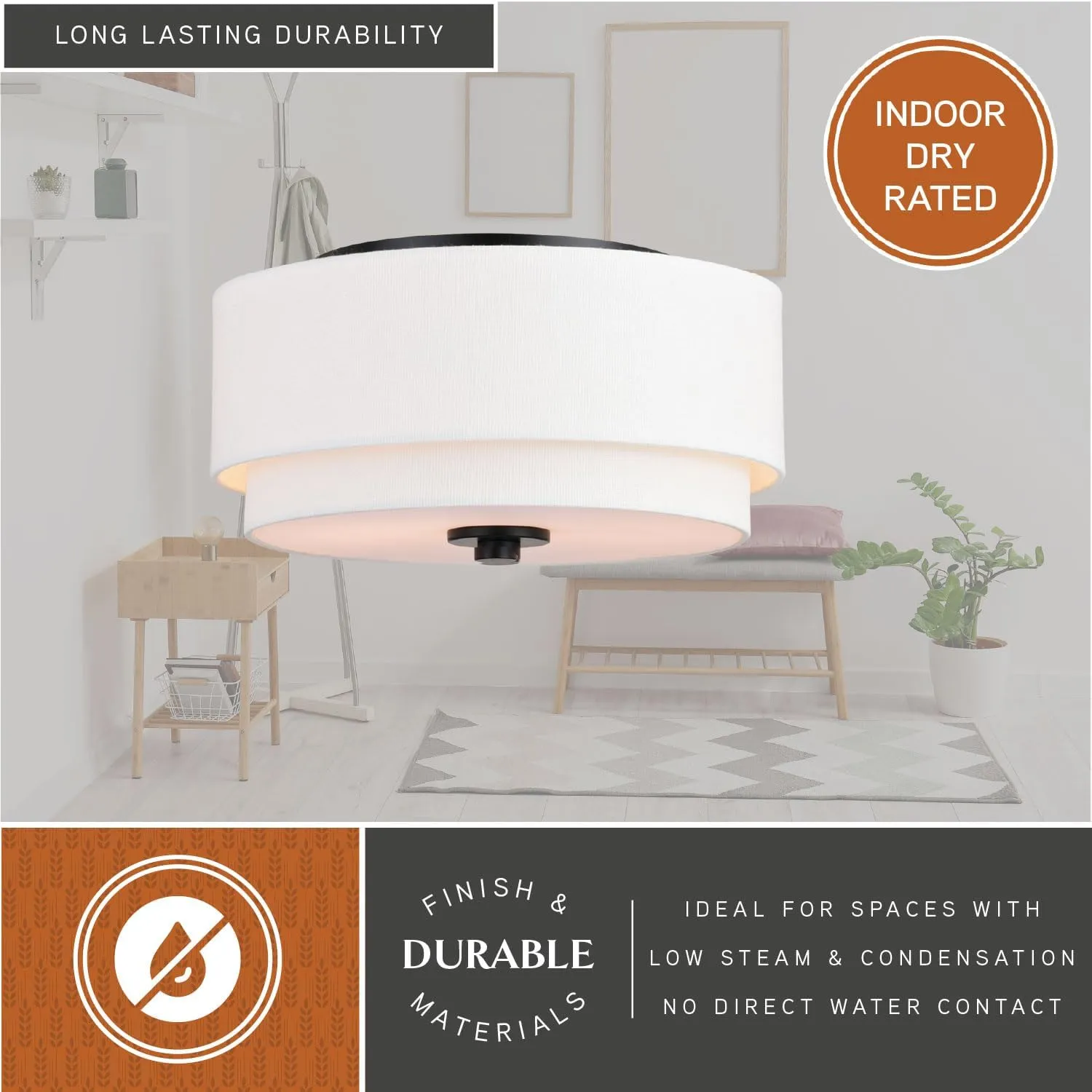 VAXCEL Burnaby 13-in W Black Mid-Century Modern Flush Mount Ceiling Light Fixture White Fabric Drum Shade