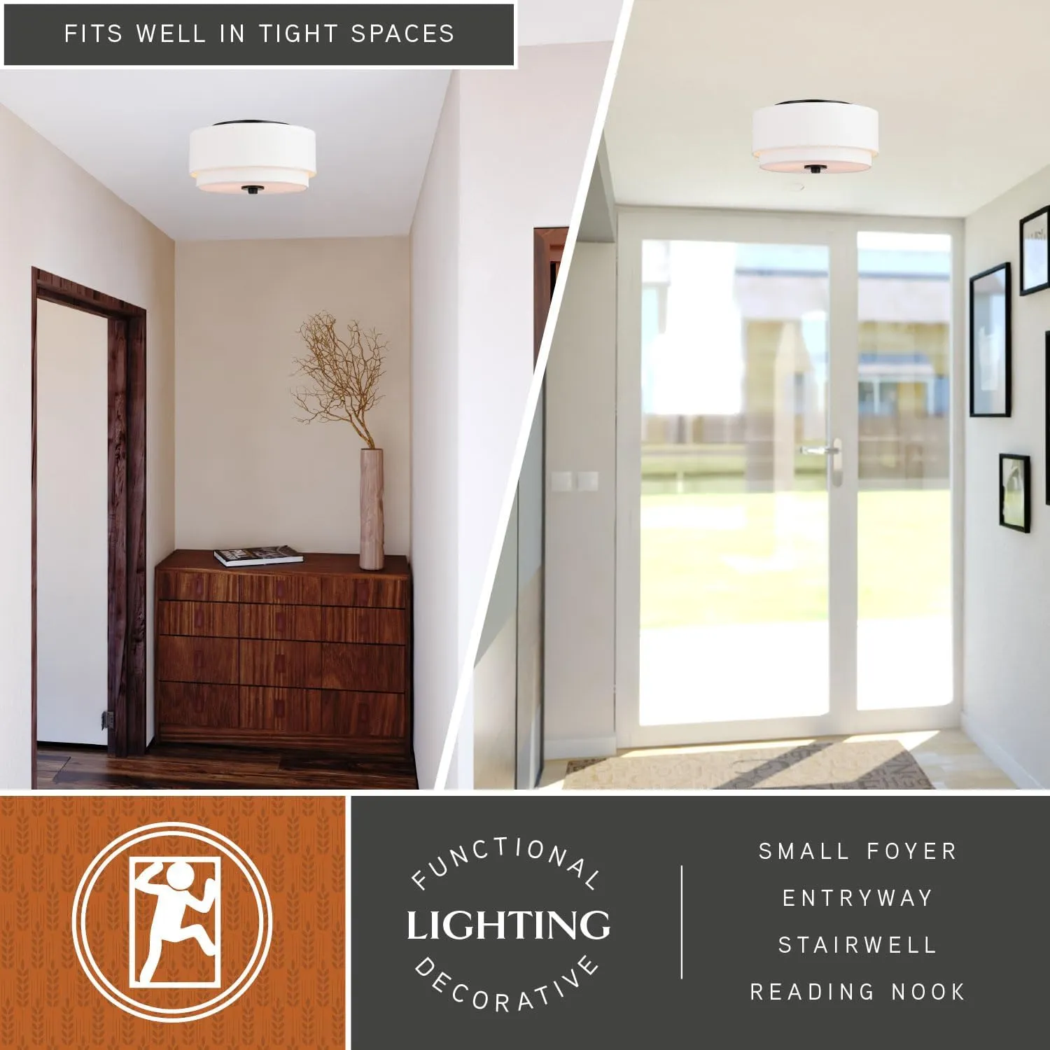 VAXCEL Burnaby 13-in W Black Mid-Century Modern Flush Mount Ceiling Light Fixture White Fabric Drum Shade
