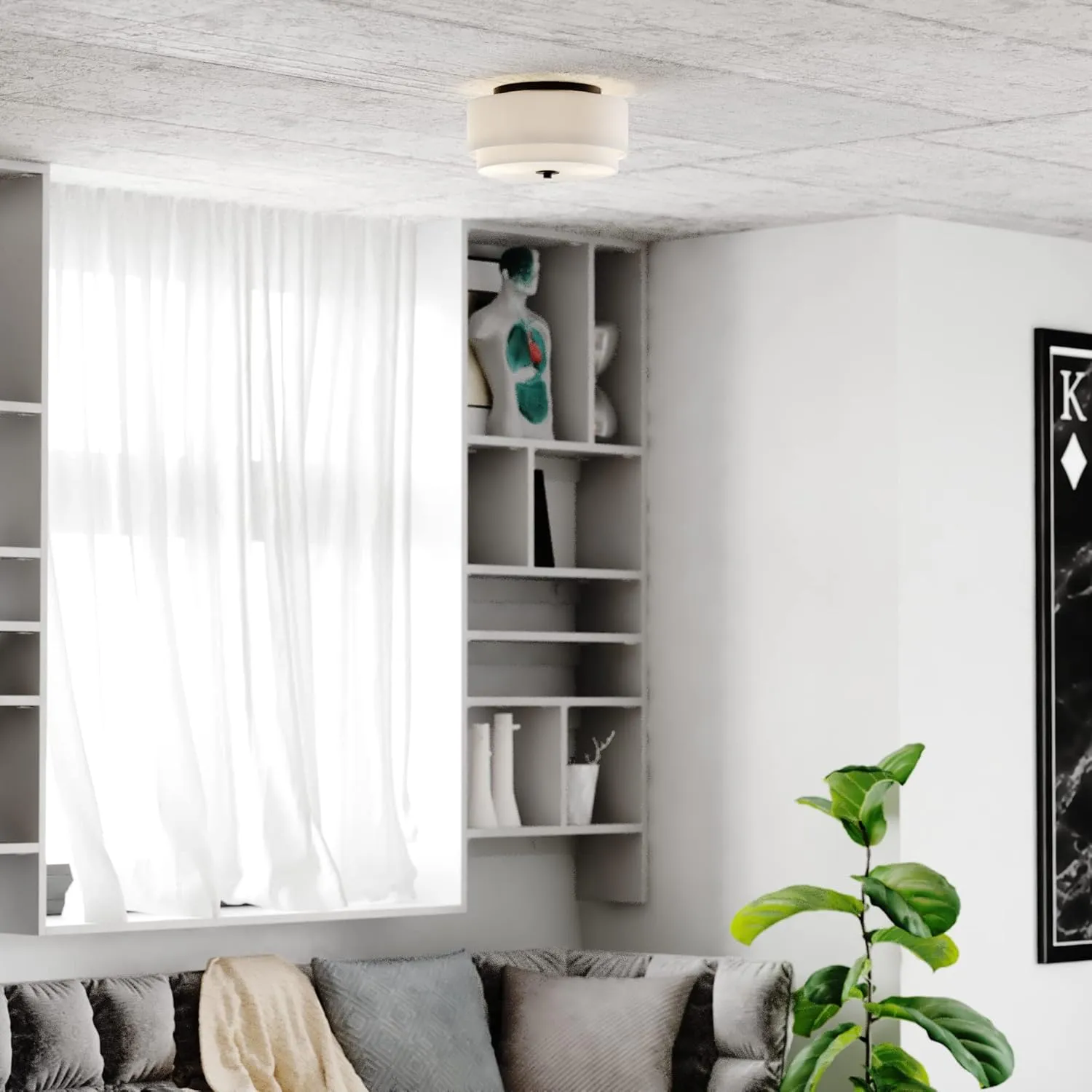 VAXCEL Burnaby 13-in W Black Mid-Century Modern Flush Mount Ceiling Light Fixture White Fabric Drum Shade