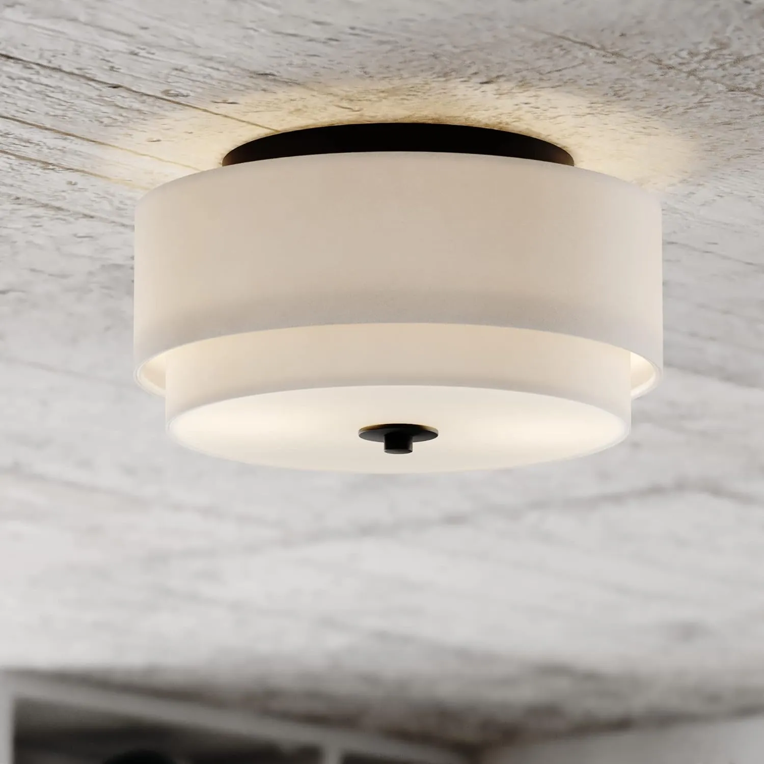 VAXCEL Burnaby 13-in W Black Mid-Century Modern Flush Mount Ceiling Light Fixture White Fabric Drum Shade