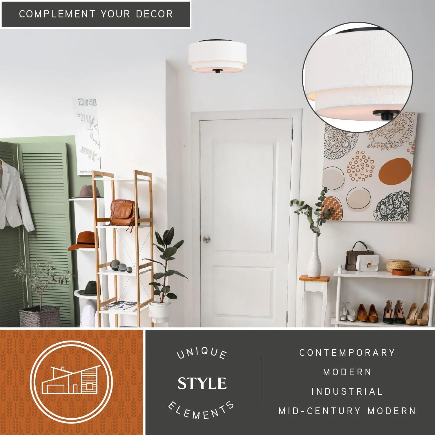 VAXCEL Burnaby 13-in W Black Mid-Century Modern Flush Mount Ceiling Light Fixture White Fabric Drum Shade