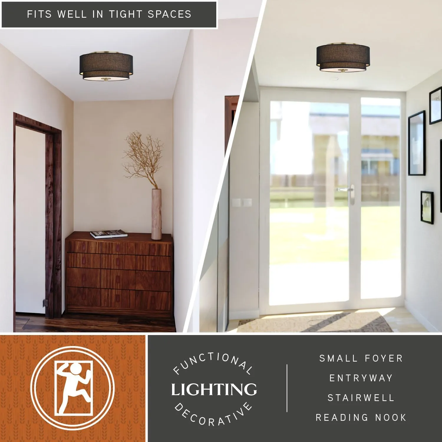VAXCEL Burnaby 13-in W Gold Brass Mid-Century Modern Semi Flush Mount Ceiling Light Black Linen Drum Shade