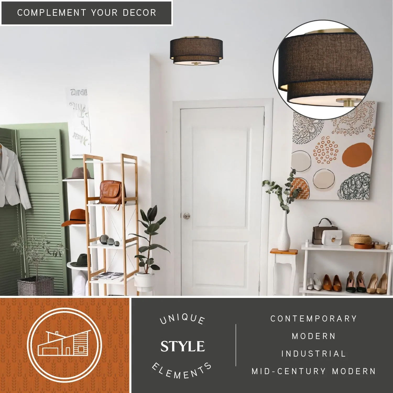 VAXCEL Burnaby 13-in W Gold Brass Mid-Century Modern Semi Flush Mount Ceiling Light Black Linen Drum Shade