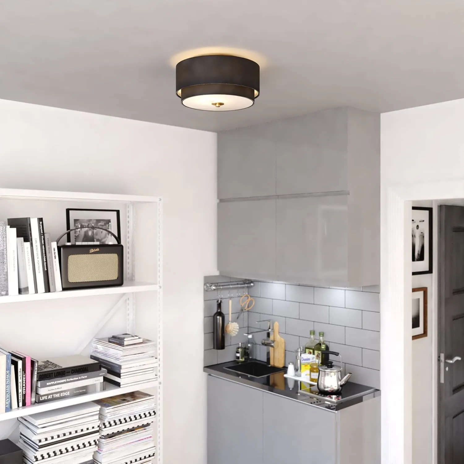 VAXCEL Burnaby 13-in W Gold Brass Mid-Century Modern Semi Flush Mount Ceiling Light Black Linen Drum Shade