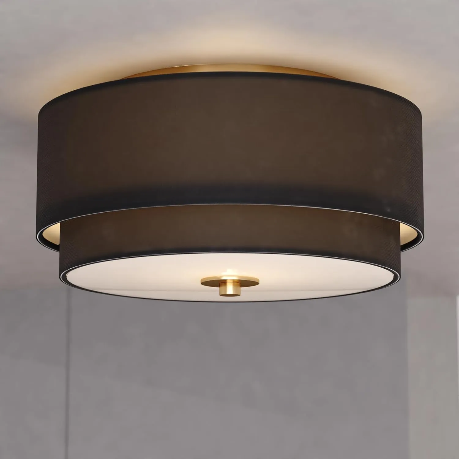 VAXCEL Burnaby 13-in W Gold Brass Mid-Century Modern Semi Flush Mount Ceiling Light Black Linen Drum Shade