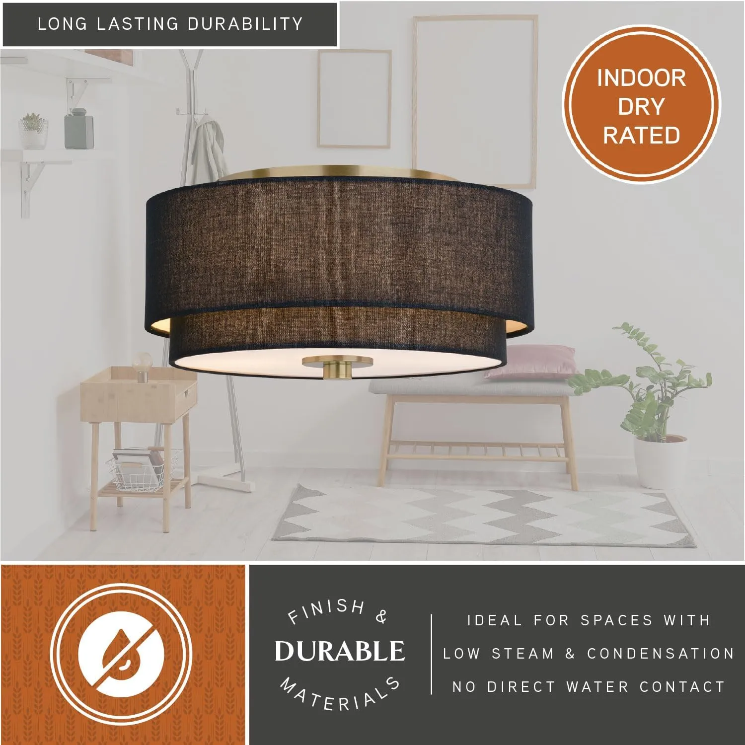 VAXCEL Burnaby 13-in W Gold Brass Mid-Century Modern Semi Flush Mount Ceiling Light Black Linen Drum Shade