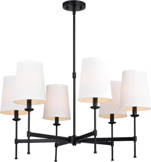 VAXCEL Camden 6 Light Matte Black Chandelier Fixture White Fabric Linen Shade, LED Compatible