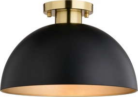 VAXCEL Devon 12.75 inch Matte Black and Satin Brass Semi Flush Ceiling Light, Mid-Century Modern Design, Large Open Dome, Dimmable, E26 LED Compatible, Mounting Hardware Included
