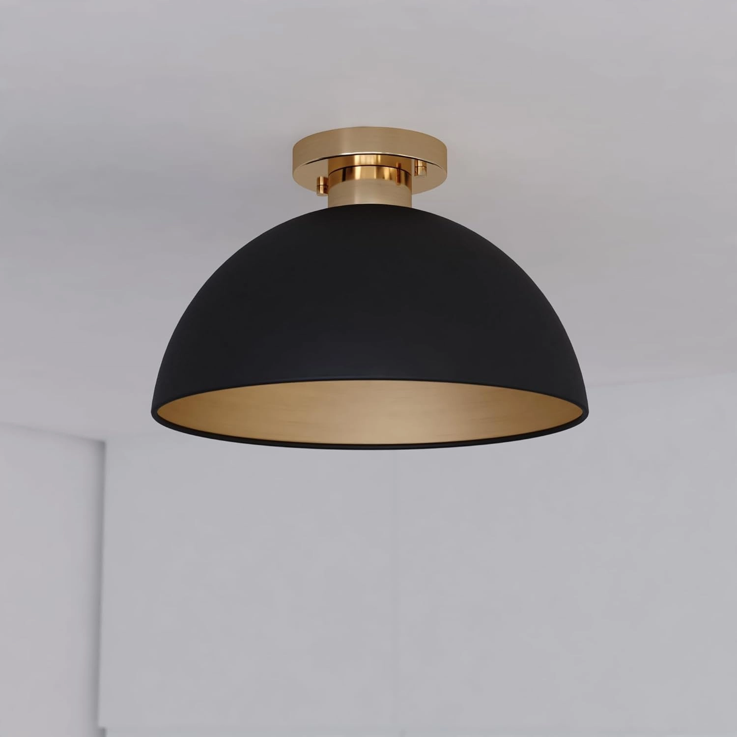 VAXCEL Devon 12.75 inch Matte Black and Satin Brass Semi Flush Ceiling Light, Mid-Century Modern Design, Large Open Dome, Dimmable, E26 LED Compatible, Mounting Hardware Included