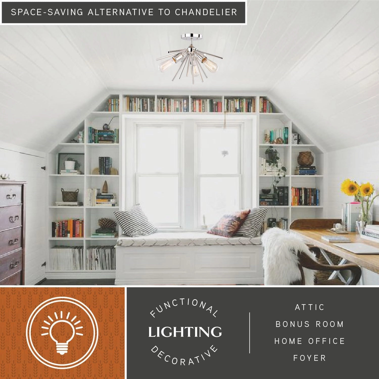 VAXCEL Estelle 17-in W Nickel Mid-Century Modern Sputnik Semi Flush Mount Ceiling Light