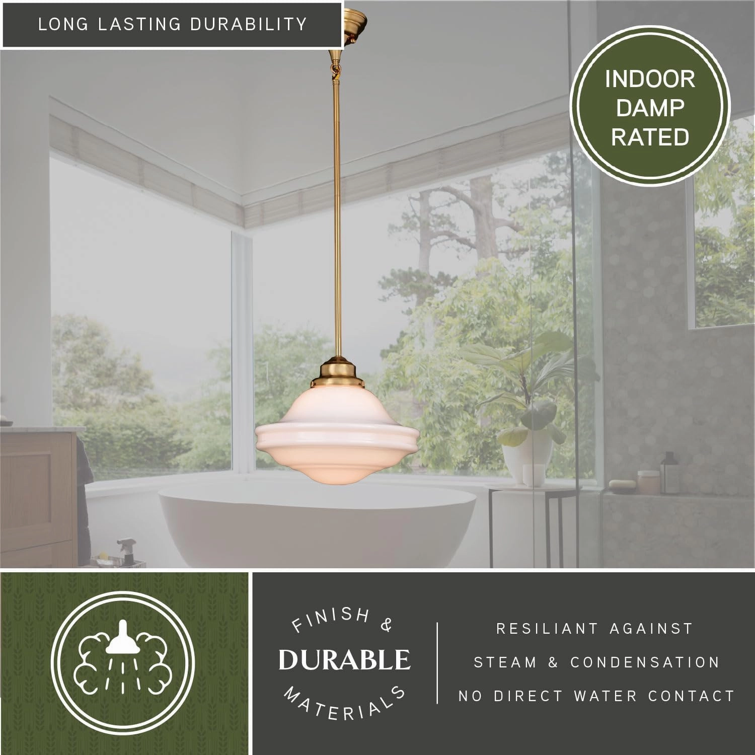 VAXCEL Huntley 12 inch Adjustable Semi-Flush Ceiling Pendant Light, Farmhouse Schoolhouse Style, Natural Brass Finish, White Milk Glass, Dimmable E26 Bulb Compatible, Damp Rated