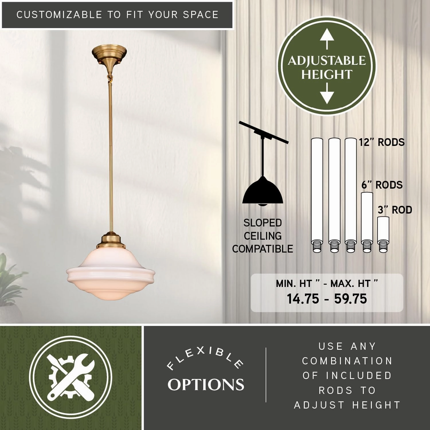 VAXCEL Huntley 12 inch Adjustable Semi-Flush Ceiling Pendant Light, Farmhouse Schoolhouse Style, Natural Brass Finish, White Milk Glass, Dimmable E26 Bulb Compatible, Damp Rated