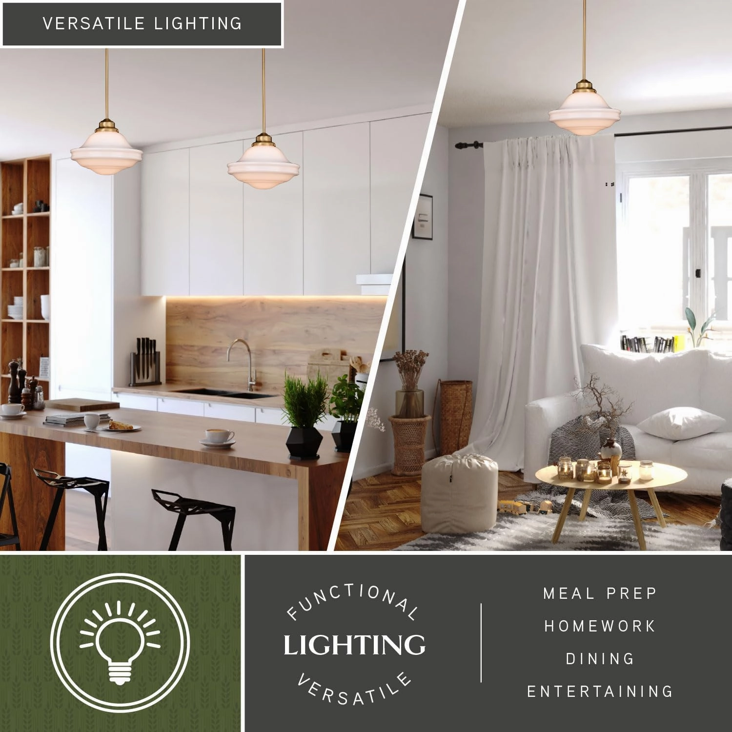 VAXCEL Huntley 12 inch Adjustable Semi-Flush Ceiling Pendant Light, Farmhouse Schoolhouse Style, Natural Brass Finish, White Milk Glass, Dimmable E26 Bulb Compatible, Damp Rated