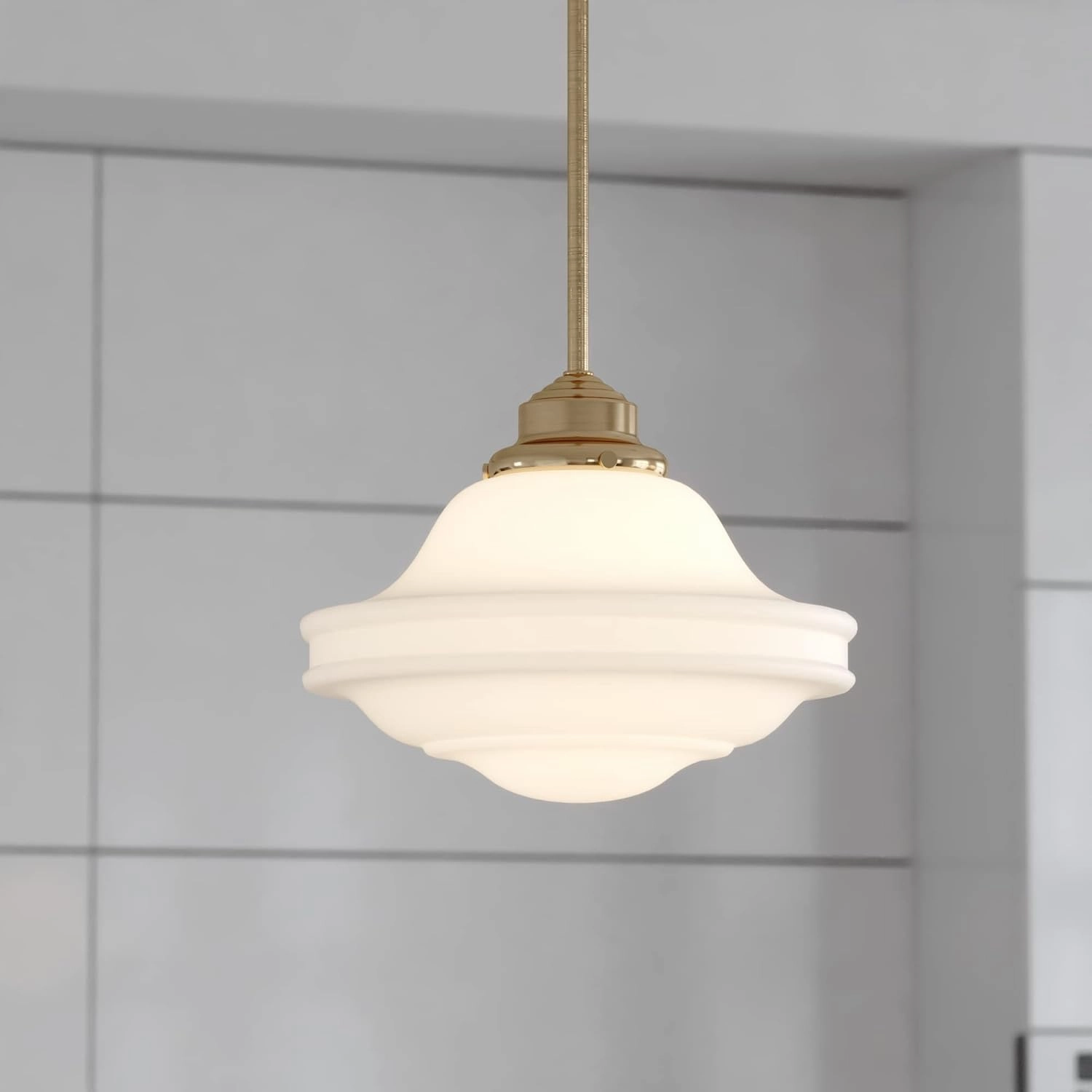 VAXCEL Huntley 12 inch Adjustable Semi-Flush Ceiling Pendant Light, Farmhouse Schoolhouse Style, Natural Brass Finish, White Milk Glass, Dimmable E26 Bulb Compatible, Damp Rated