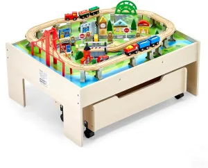 VEVOR Train Table, 100 Multicolor Pieces Wooden Kids Activity Table with Rolling Storage Drawer, 3-in-1 Wooden Train Set for Gaming, Drawing, Reading, Eating, Creative Toy Set for Kids Ages 3 