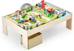 VEVOR Train Table, 120 Multicolor Pieces Wooden Kids Activity Table with Collapsible Storage Bin, 3-in-1 Wooden Train Set for Gaming, Drawing, Reading, Eating, Creative Toy Set for Kids Ages 3 