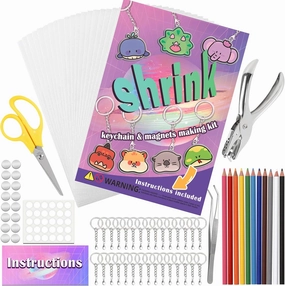 Vicentorra Shrinky Dink Sheets Keychain & Magnets Making Kit, Shrink Art Kit with 16 Plastic Sheets, Hole Punch, Pencils, Magnets, Tweezers, Keychains, Scissors, Paper Craft Kits