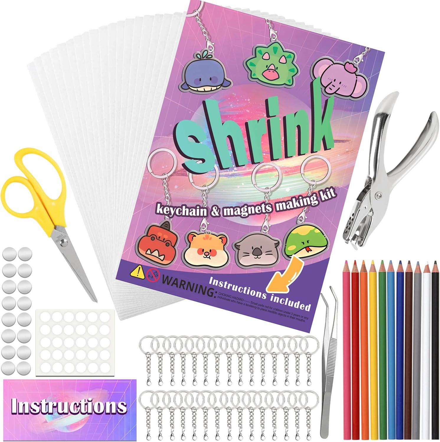 Vicentorra Shrinky Dink Sheets Keychain & Magnets Making Kit, Shrink Art Kit with 16 Plastic Sheets, Hole Punch, Pencils, Magnets, Tweezers, Keychains, Scissors, Paper Craft Kits