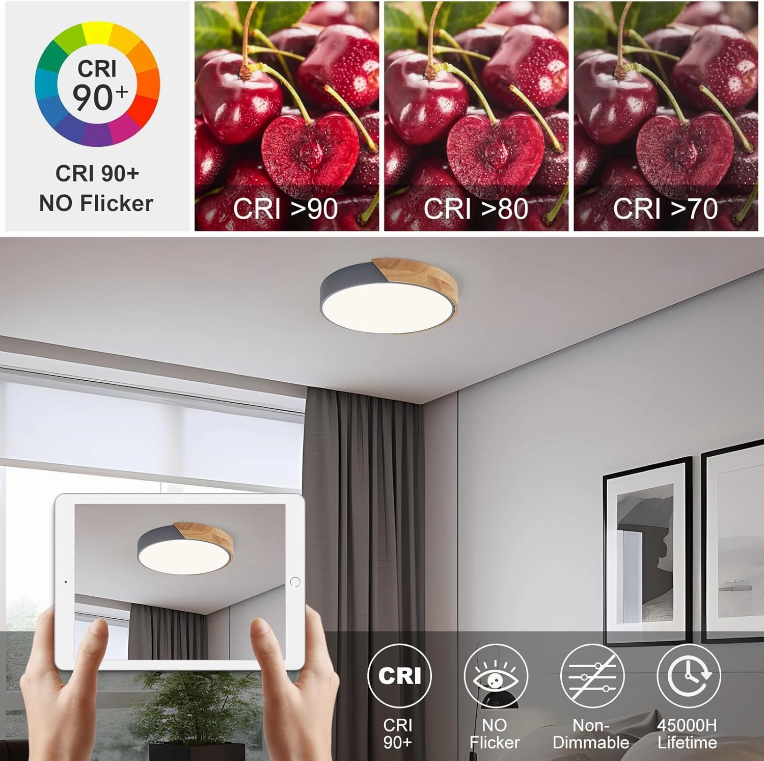 Vikaey Modern LED Ceiling Light, Minimalist Wood Flush Mount Ceiling Light Fixture, 4000K Not Dimmable, Circle Lighting Lamp with Acrylic Lampshade for Bedroom Dining Room Laundry (Grey, 11.8'')