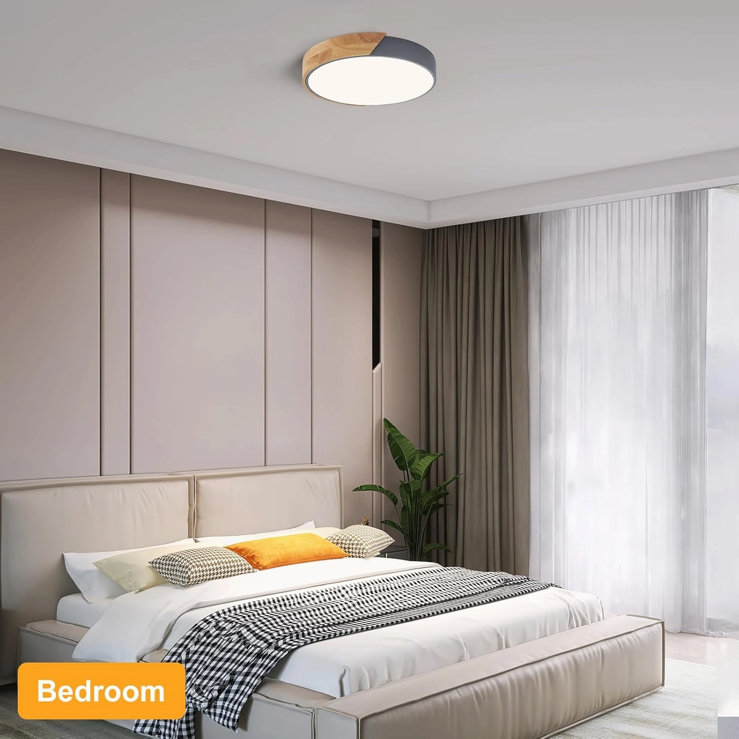 Vikaey Modern LED Ceiling Light, Minimalist Wood Flush Mount Ceiling Light Fixture, 4000K Not Dimmable, Circle Lighting Lamp with Acrylic Lampshade for Bedroom Dining Room Laundry (Grey, 11.8'')